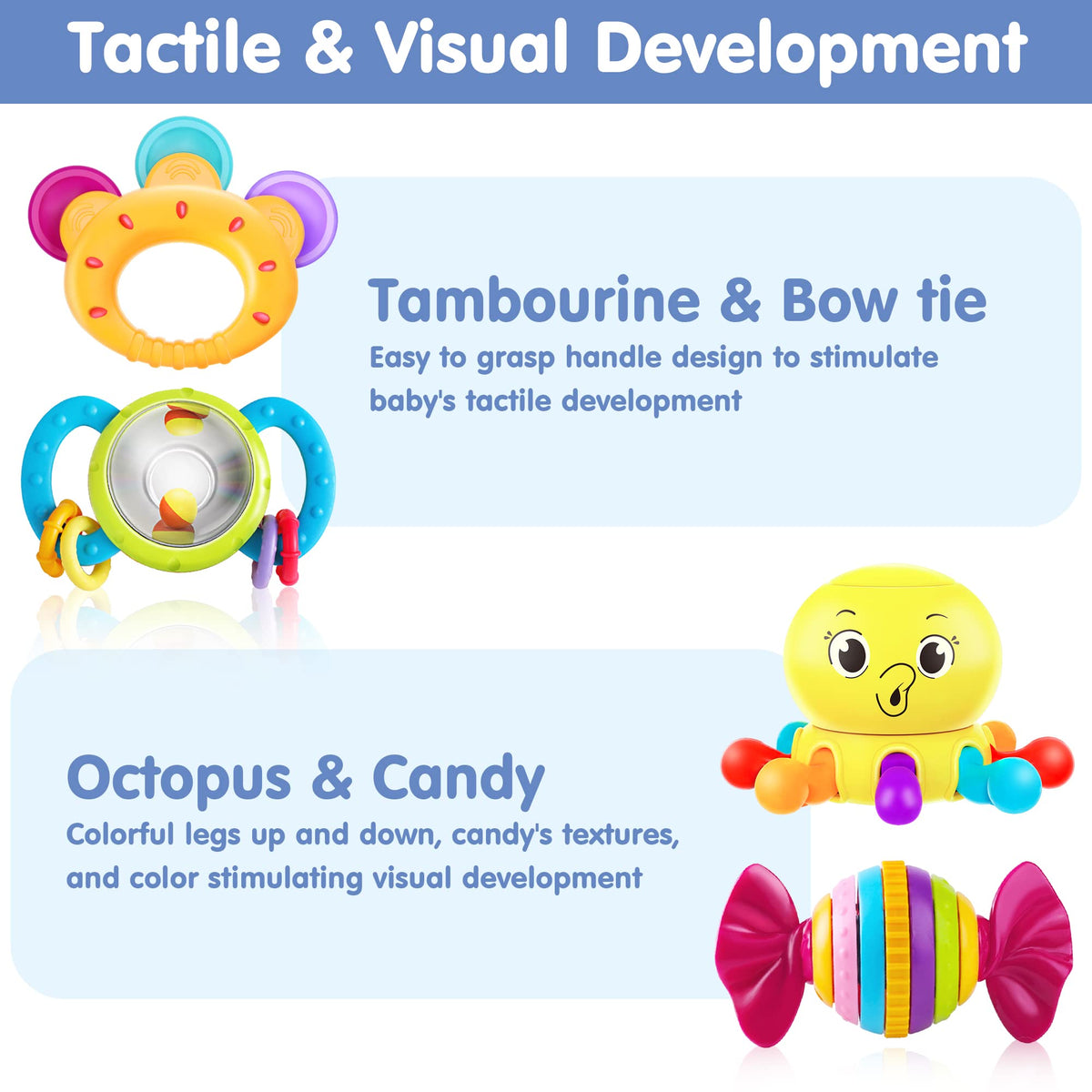 iPlay Baby Rattle Set produces varied sounds to broaden sensory experiences.