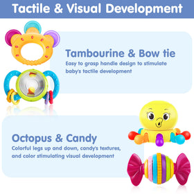 iPlay Baby Rattle Set produces varied sounds to broaden sensory experiences.