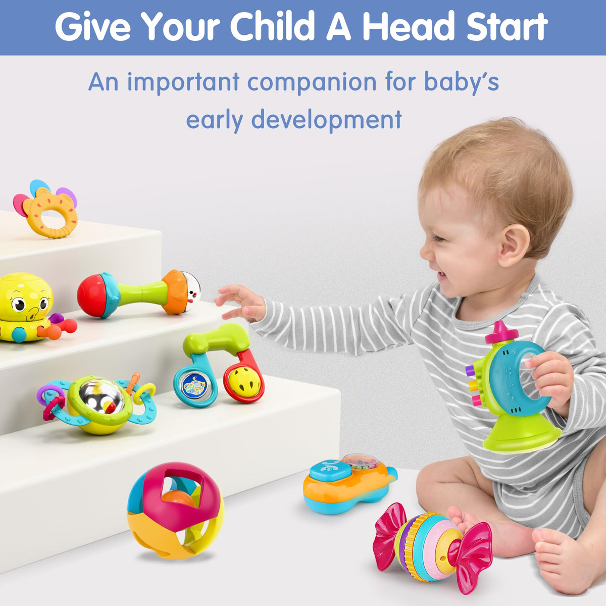 iPlay Baby Rattle Set is stroller-friendly for on-the-go play.