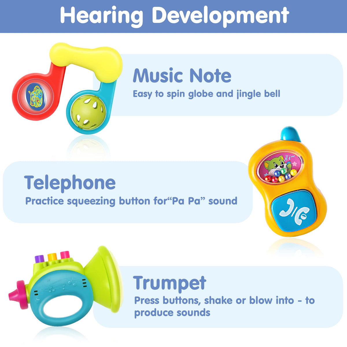 iPlay Baby Rattle Set offers texture variety for tactile exploration.