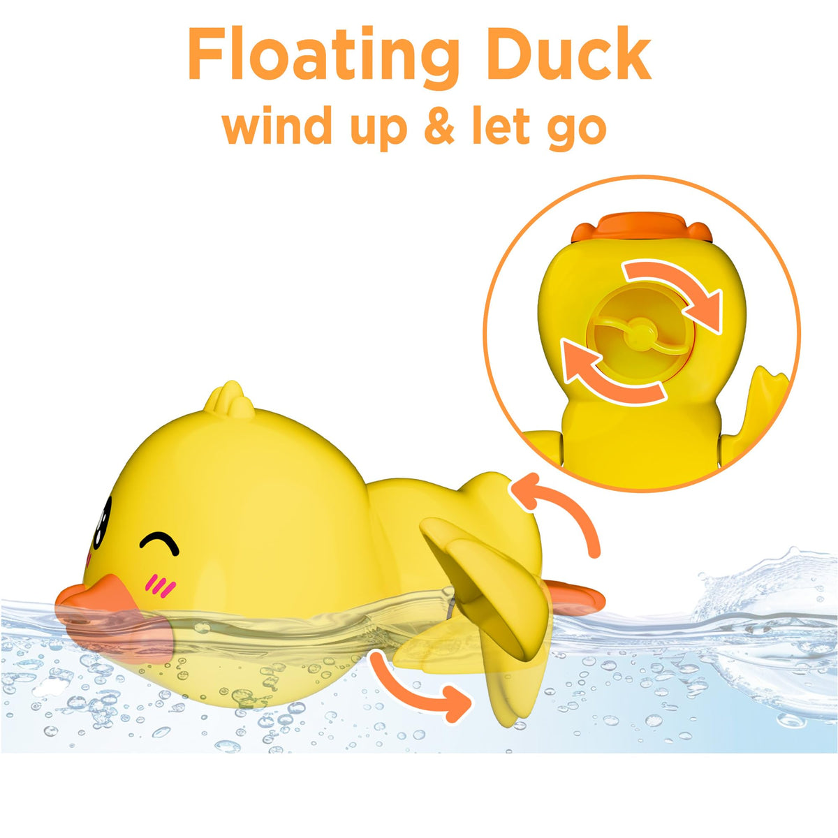 iPlay bath toy chick floats beside the duck during bath play