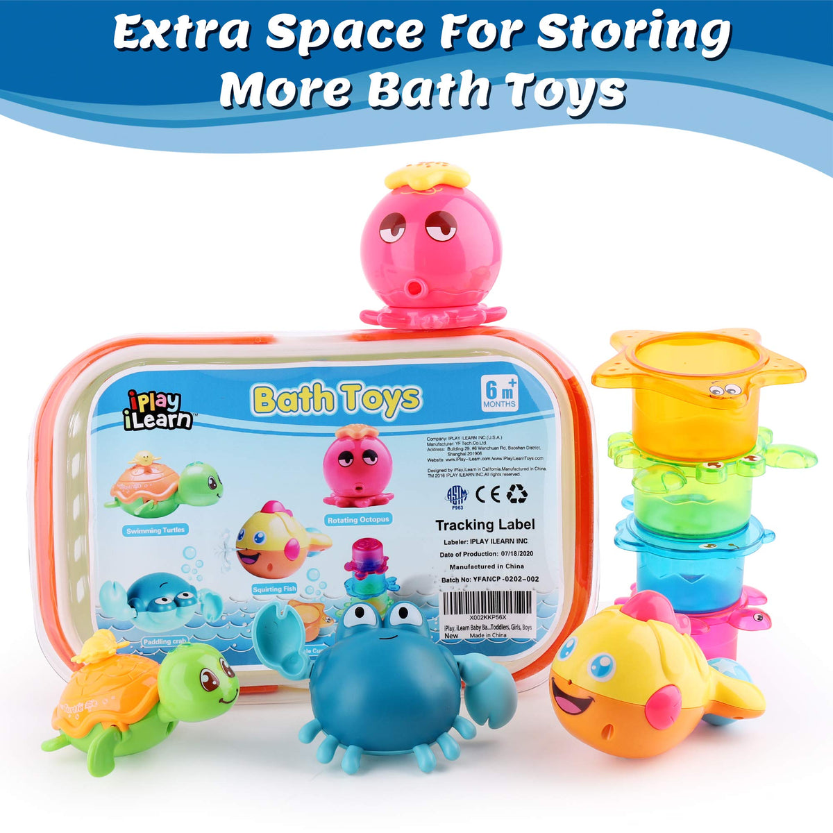 iPlay ocean cups stacking toy set boosts color recognition and stacking skills.