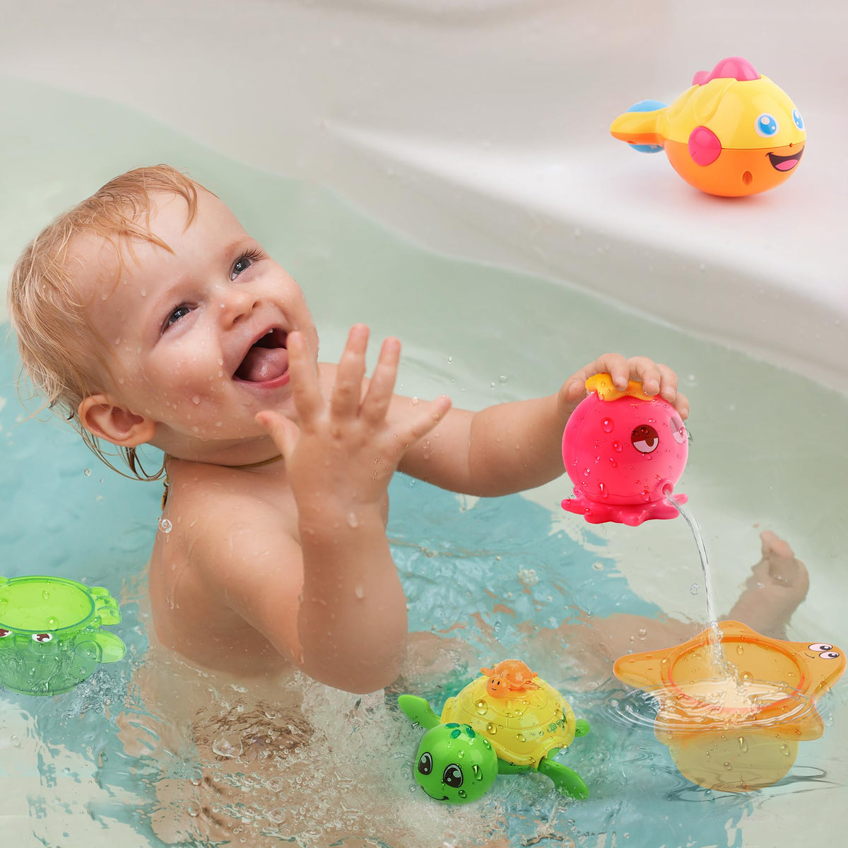 iPlay storage basket keeps bath toys organized after splash sessions.