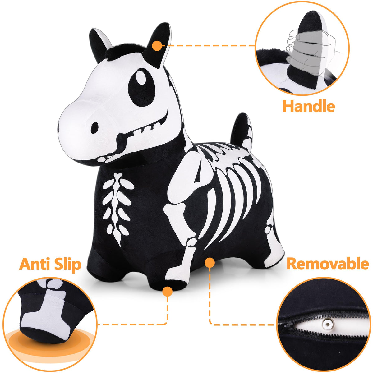 iplay Bouncy Pals Skeleton Horse inflated hopper ready for active bouncing.