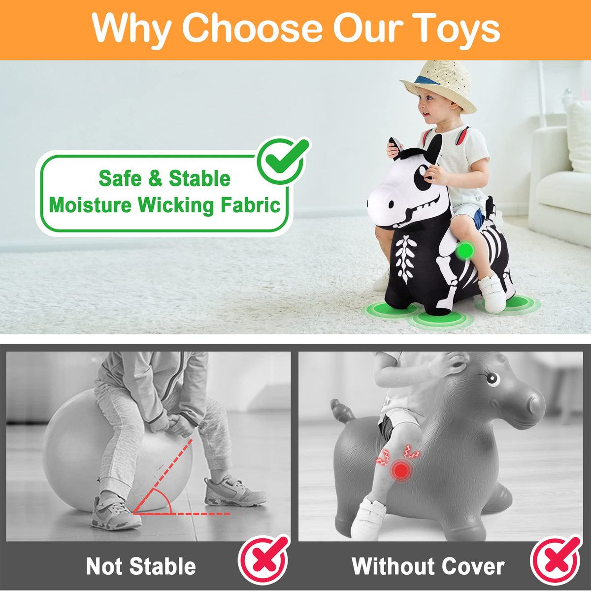 iplay Bouncy Pals Skeleton Horse plush-cover close-up highlights soft, skin-friendly material.