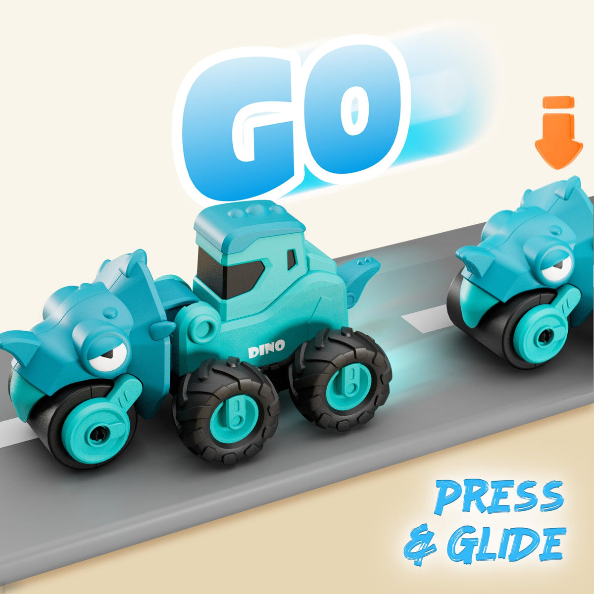 iplay dinosaur truck roof-press-go action provides battery-free racing.