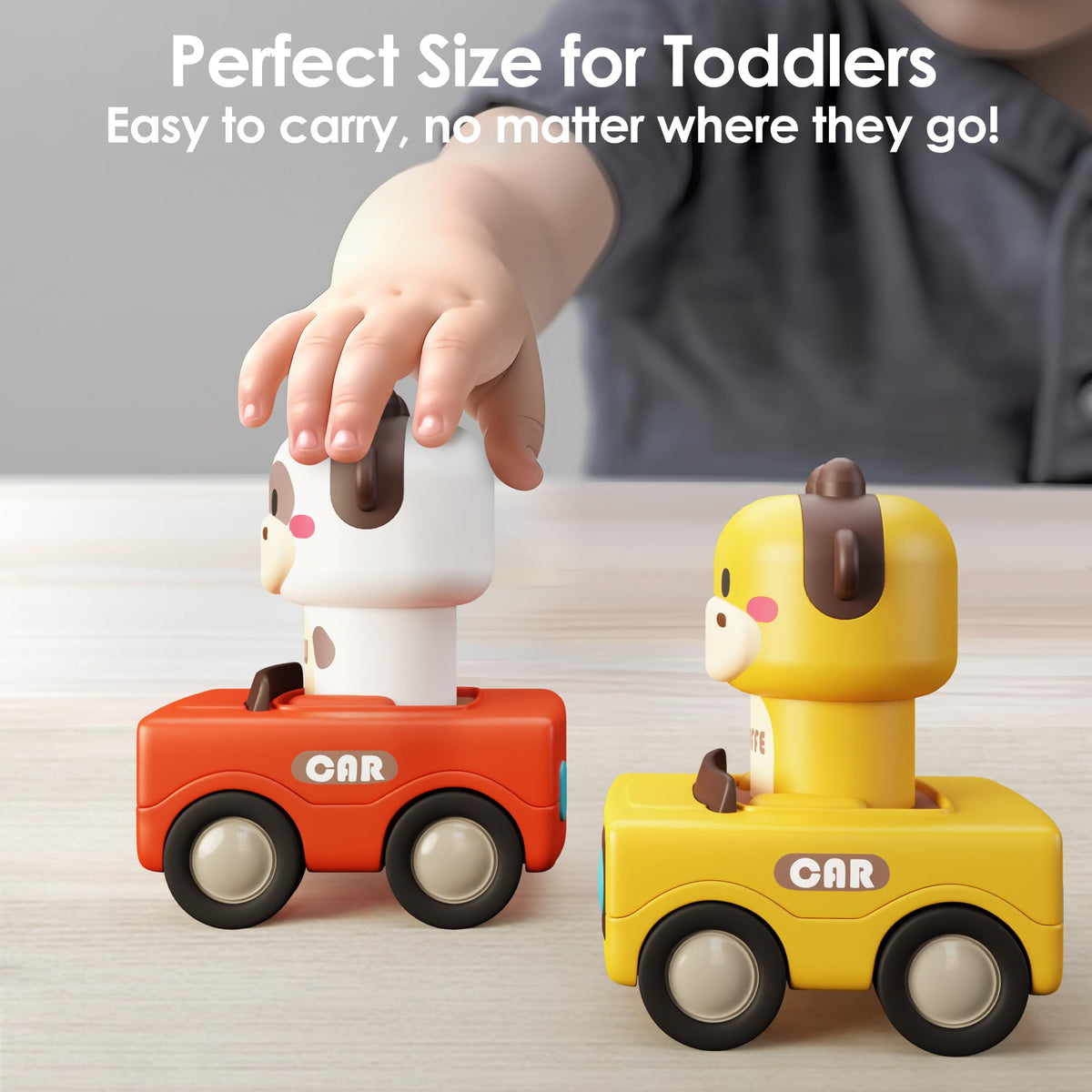 iPlay iLearn baby animal racing cars side view highlights portability for on-the-go fun.