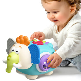 iPlay iLearn baby elephant activity cube front view engages curious babies with colorful, textured panels for exploration.