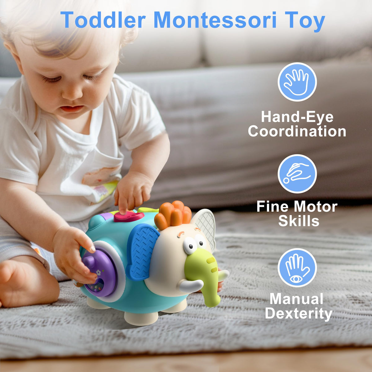 iPlay iLearn elephant cube side view highlights varied textures for sensory exploration on tiny hands.