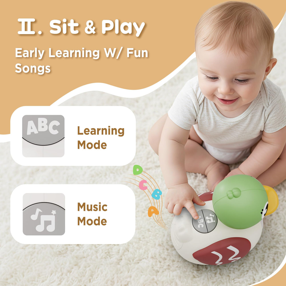 iPlay iLearn crawling-action shows baby chasing the duck with rolling motion.
