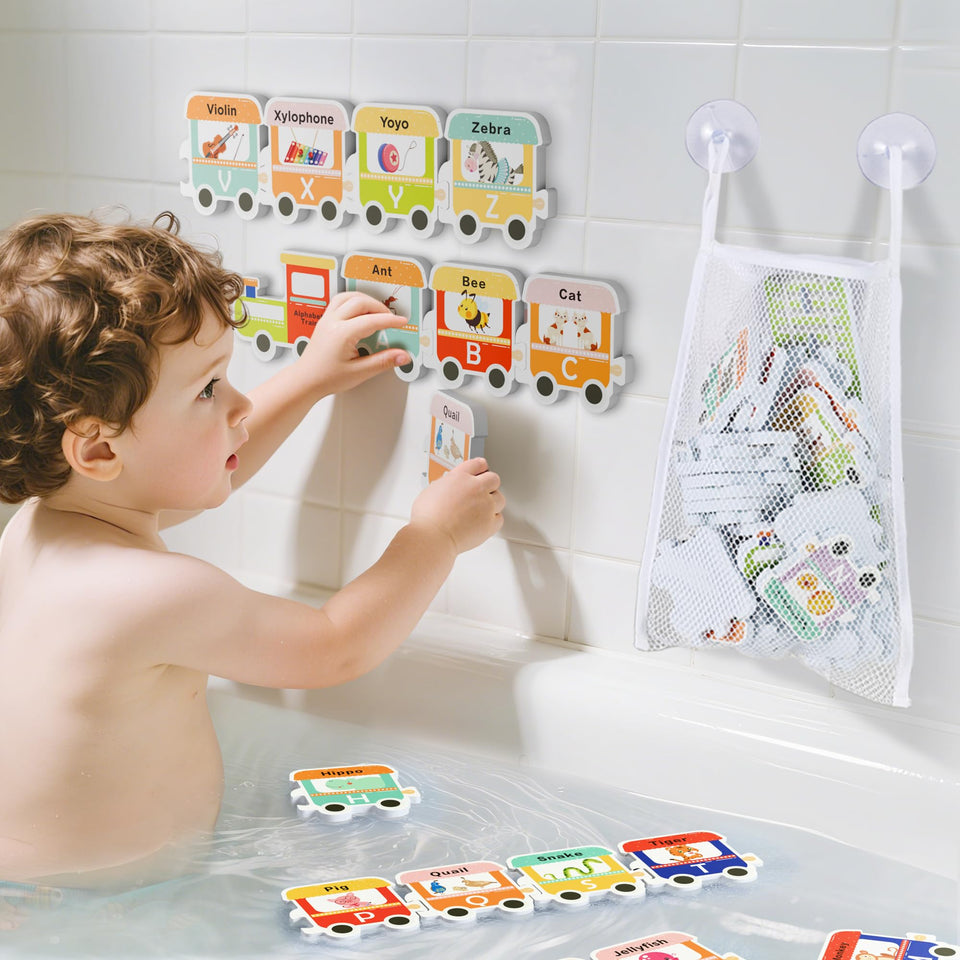 iPlay iLearn bath toy organizer with foam letters keeps bathtub tidy and dry after use