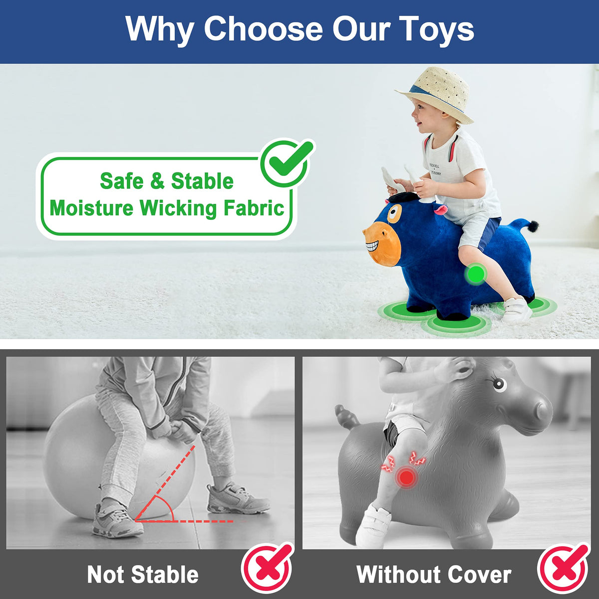 iplay ilearn Bouncy Pals bull-hopping-horse zipper-washable cover simplifies cleaning.