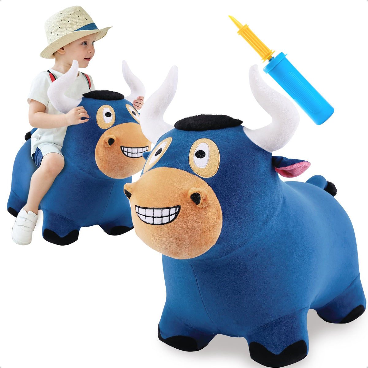 iplay ilearn Bouncy Pals bull-hopping-horse soft plush cover provides gentle, skin-safe fun.