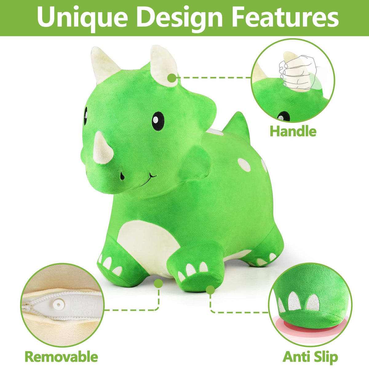 iPlay iLearn Bouncy Pals Dinosaur Hopper inflation close-up highlights easy setup
