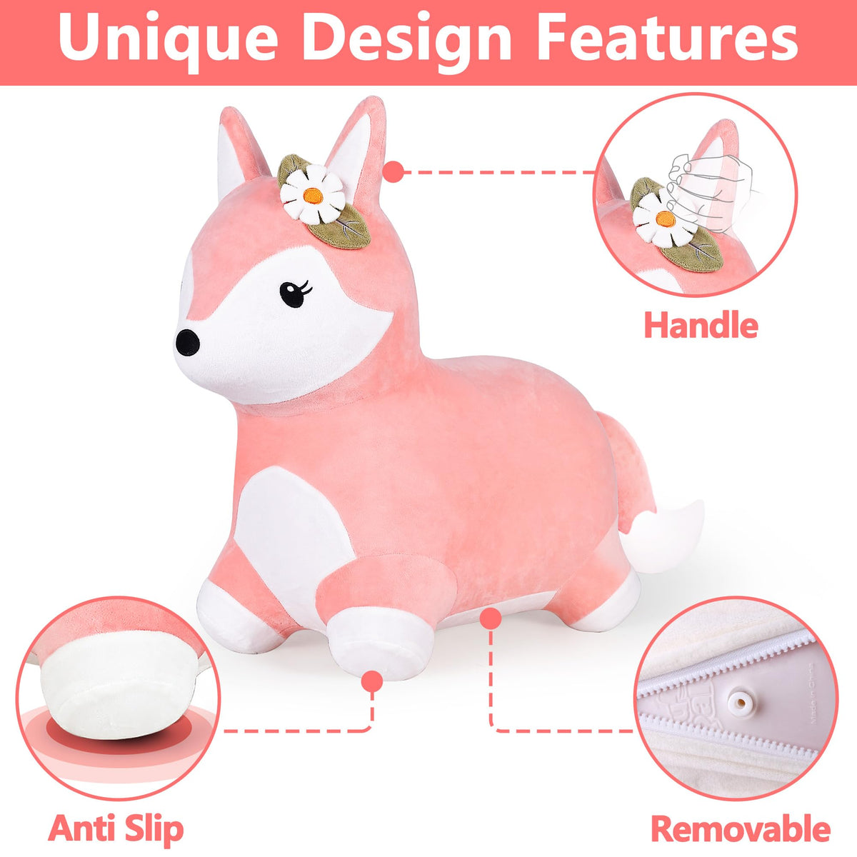 iPlay iLearn inflatable ride-on fox with four-leg base for stability during play.