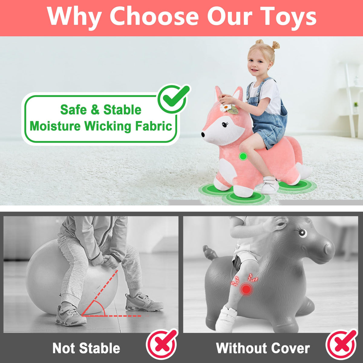 iPlay iLearn Bouncy Pals fox ride-on with quick inflation setup.