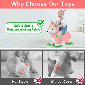 iPlay iLearn Bouncy Pals fox ride-on with quick inflation setup.