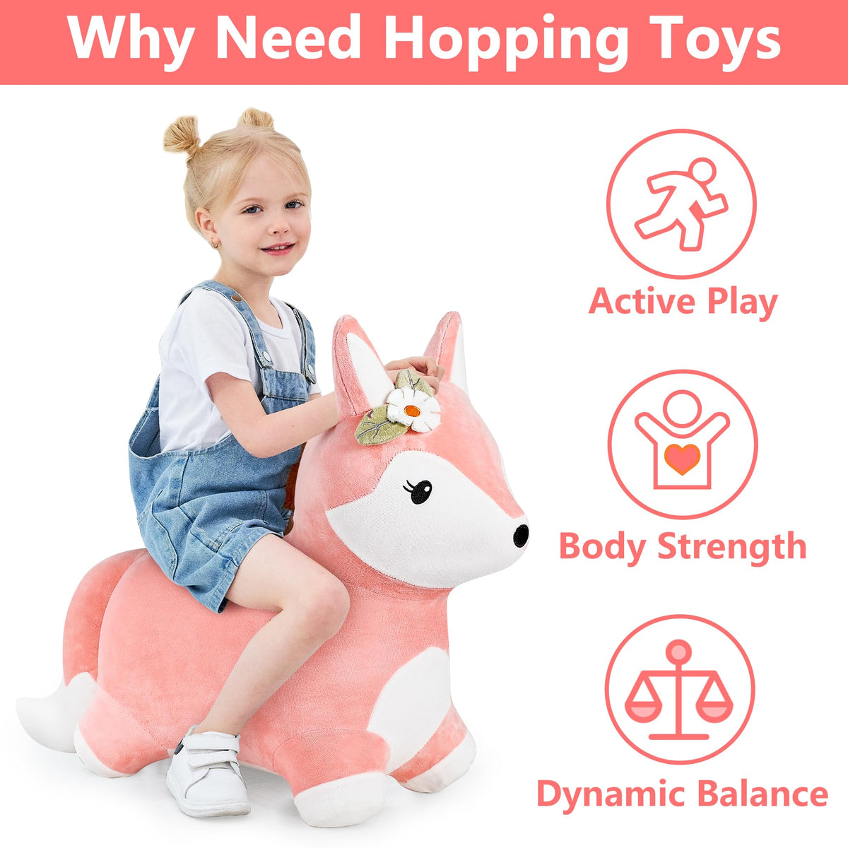 iPlay iLearn soft plush fox hopper with low center of gravity for stable rides.