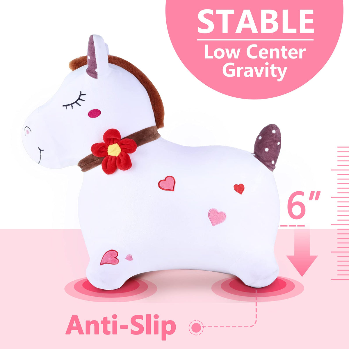 iPlay iLearn Bouncy Pals white hopping horse close-up of plush bow and details
