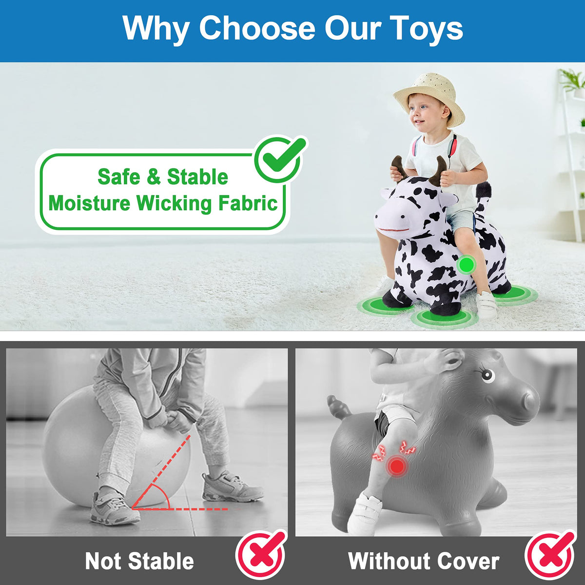 Long ears grip on the iPlay iLearn cow hopper for safety.