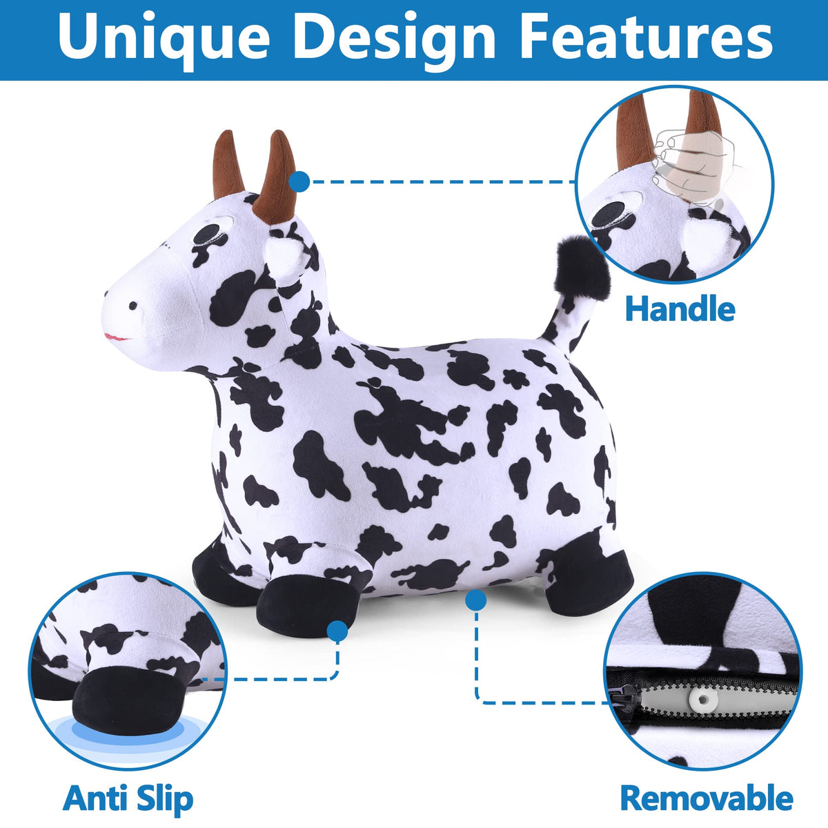 Child riding the iPlay iLearn cow hopper indoors or outdoors.