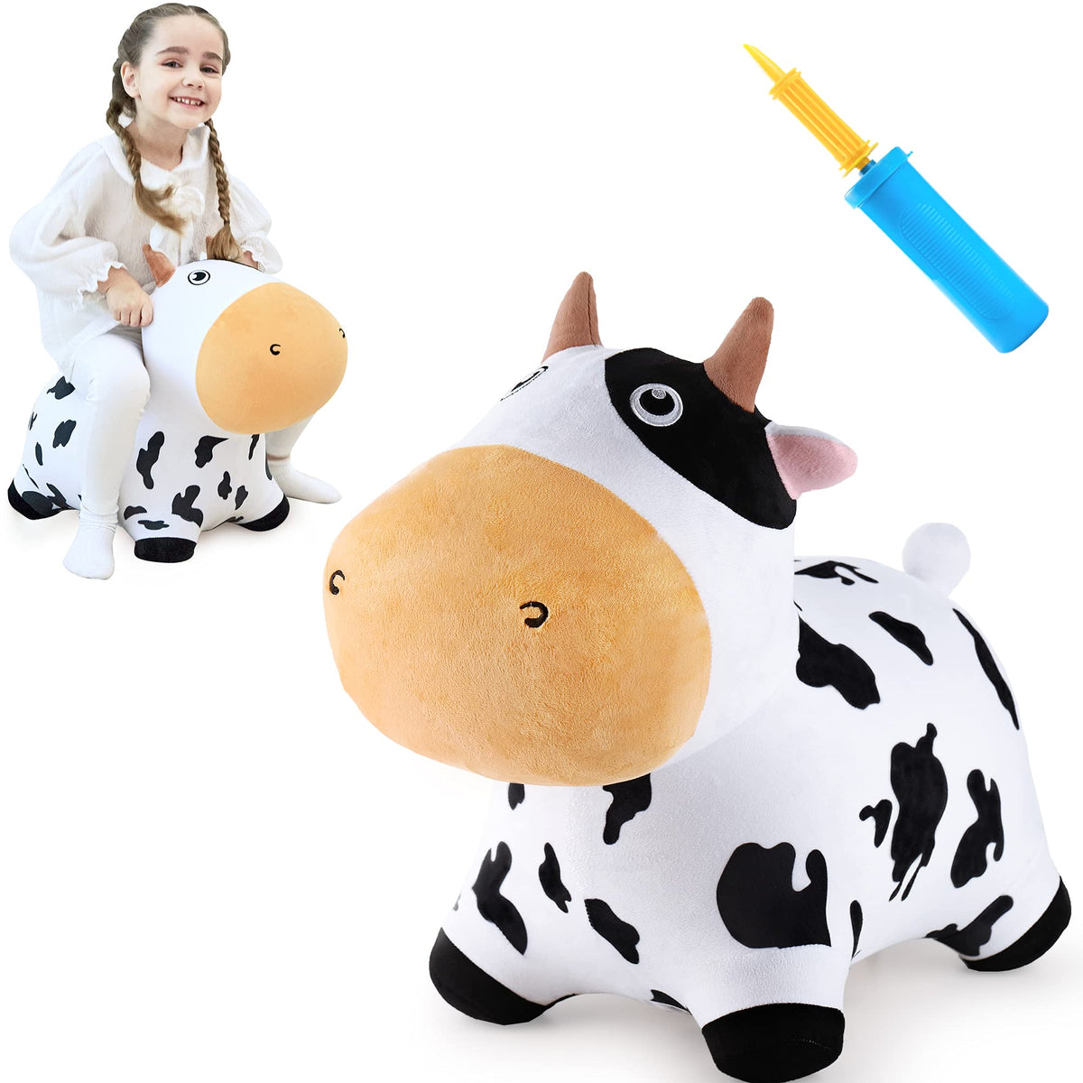 iPlay iLearn Dairy Cow Hopper invites toddlers to bounce indoors for active fun.