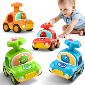 iPlay iLearn dinosaur car set front view highlights bright colors for color recognition.