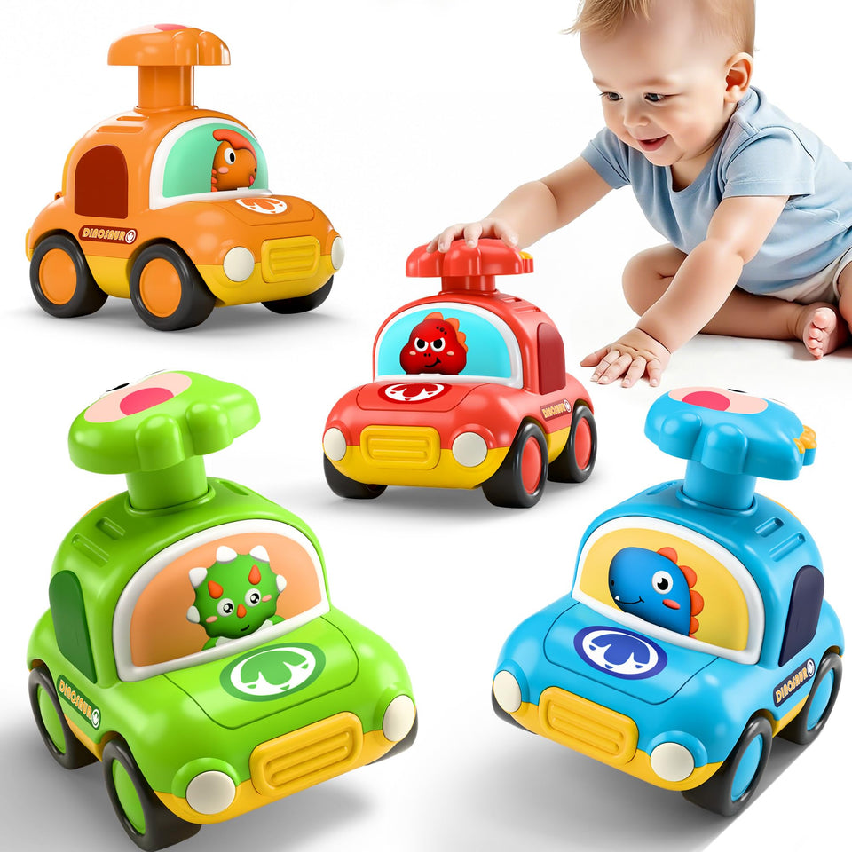 iPlay iLearn dinosaur car set front view highlights bright colors for color recognition.