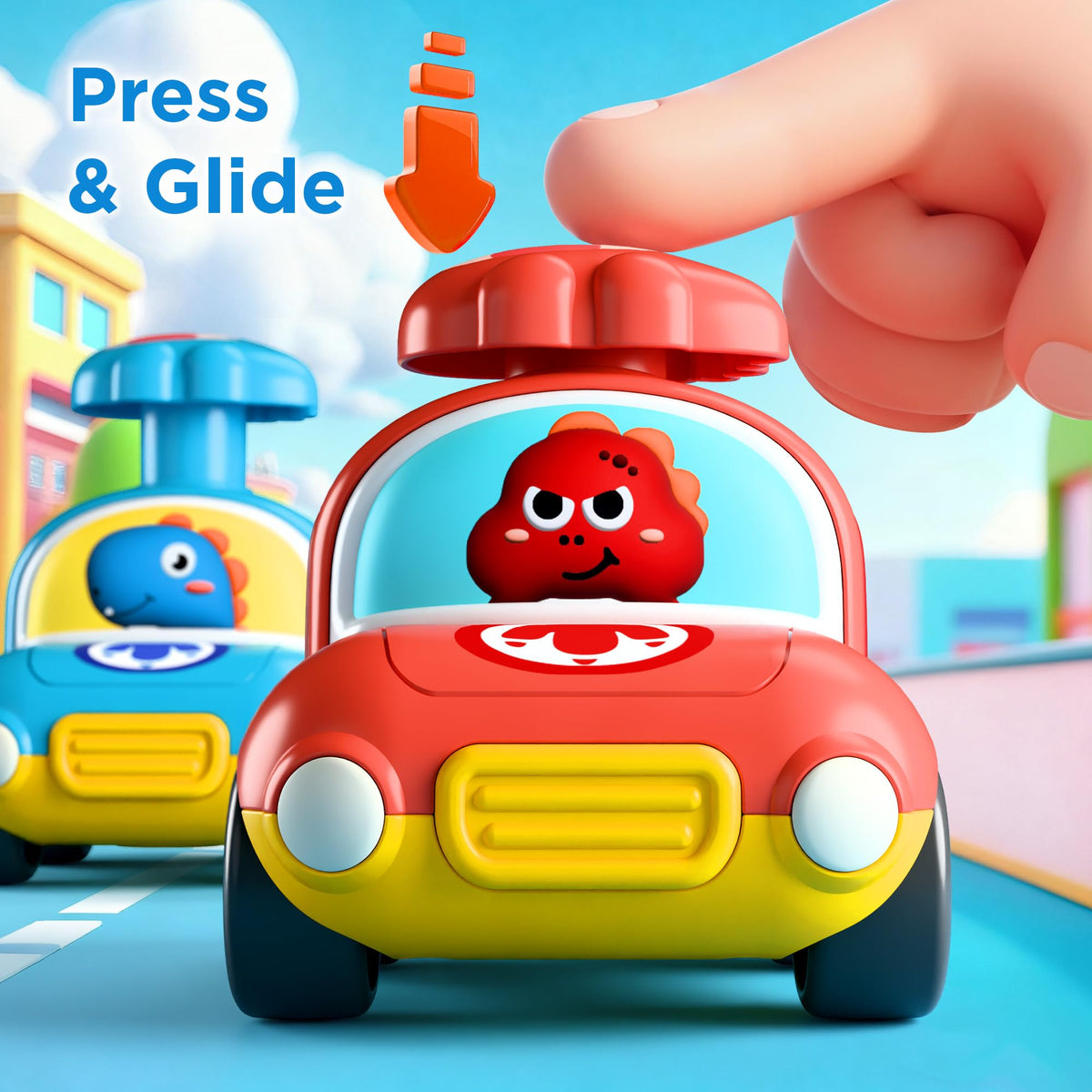 iPlay iLearn dinosaur car with open trunk encourages fine motor practice.