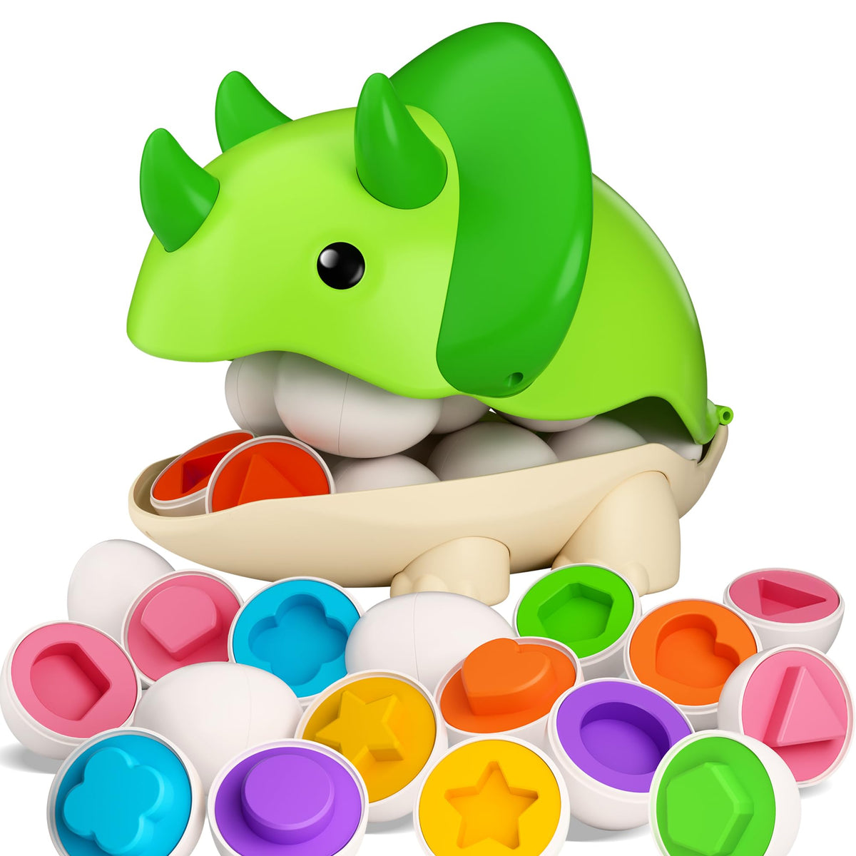 iPlay iLearn dinosaur matching egg packaging, friendly setup for toddlers and quick play