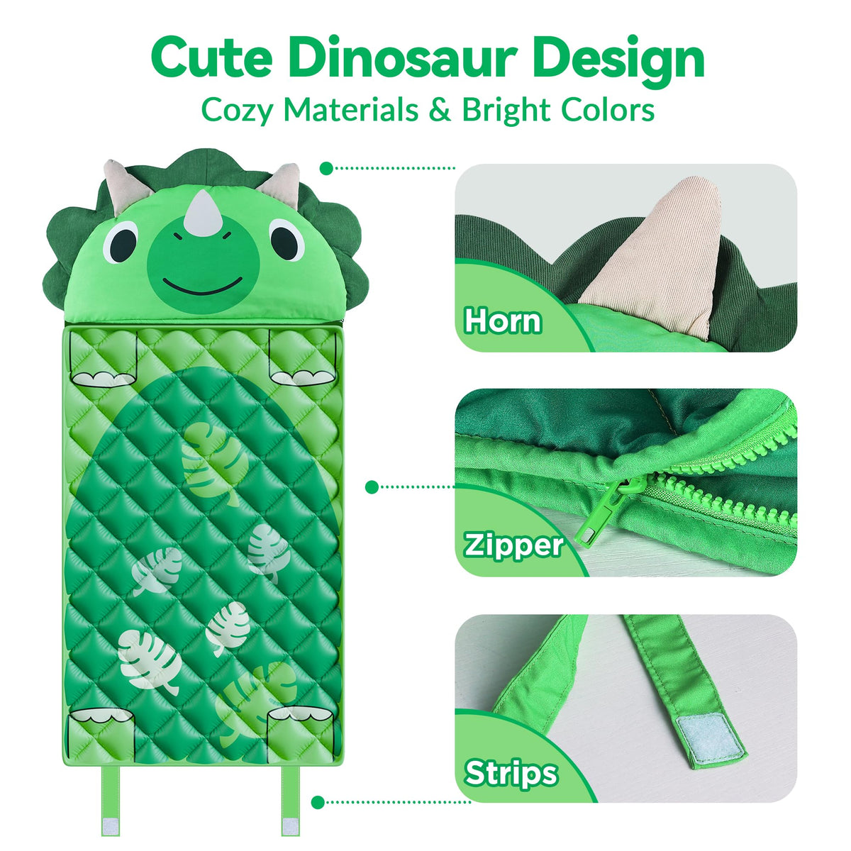 iPlay iLearn dinosaur slumber sack is machine washable for quick cleanup