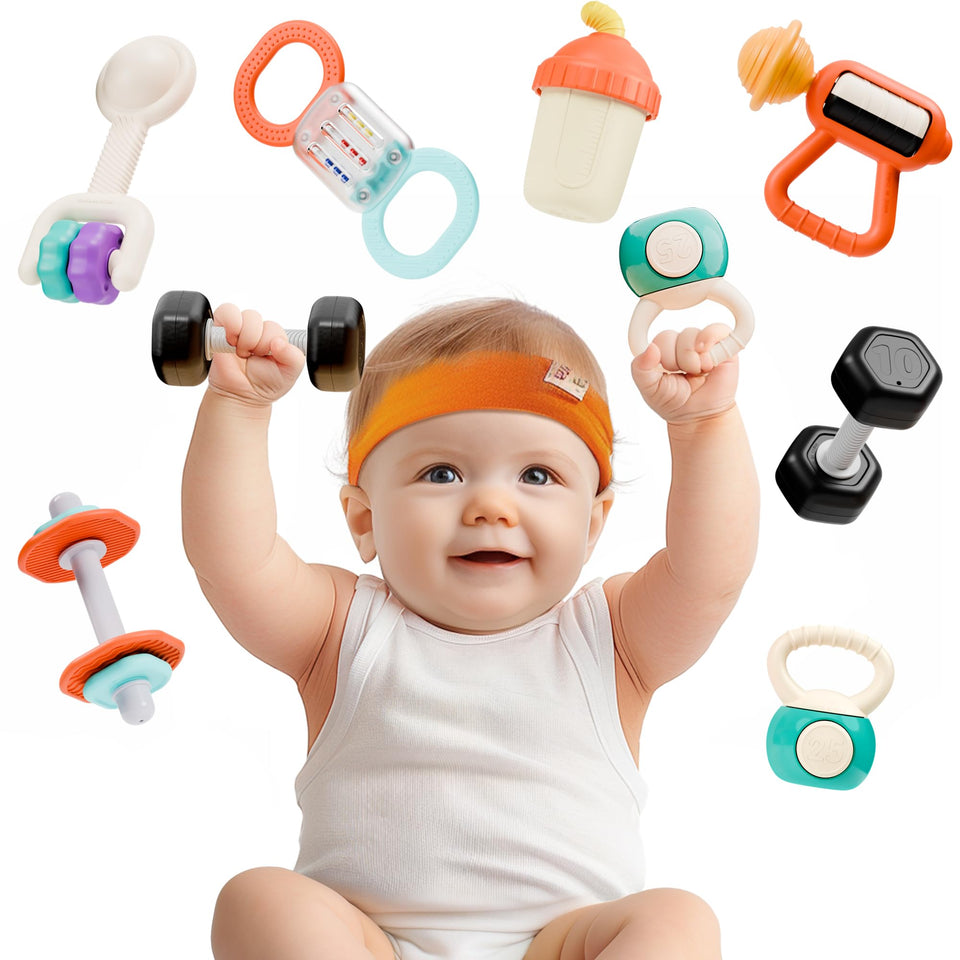 iPlay iLearn first gym rattle set with dumbbell design promotes sensory exploration for infants