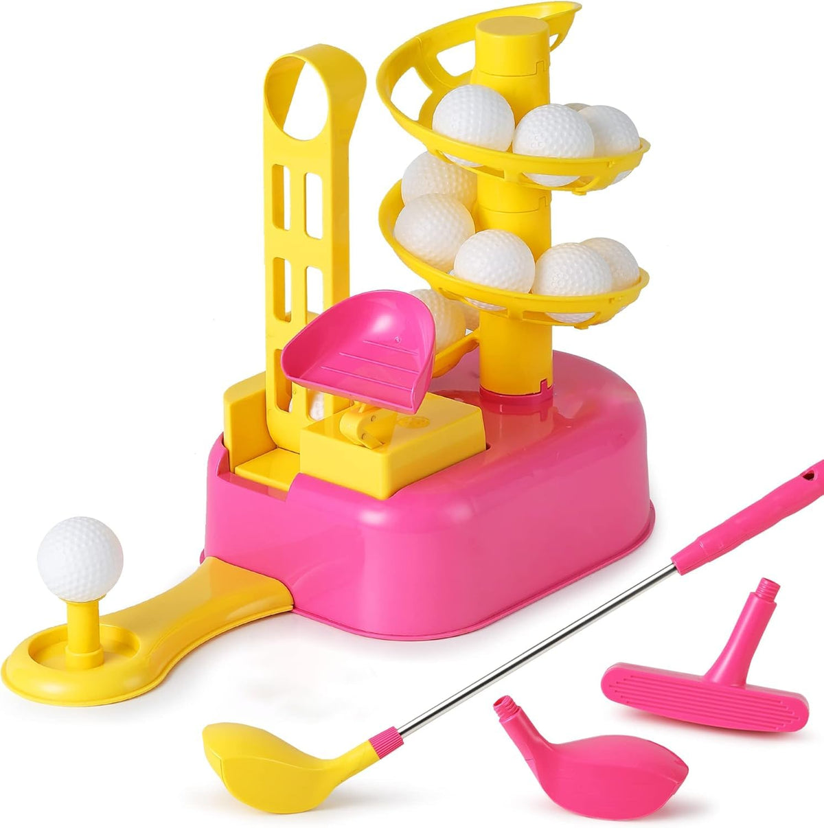 iPlay iLearn girls pink golf ball-to-tee trainer supports coordinated practice.
