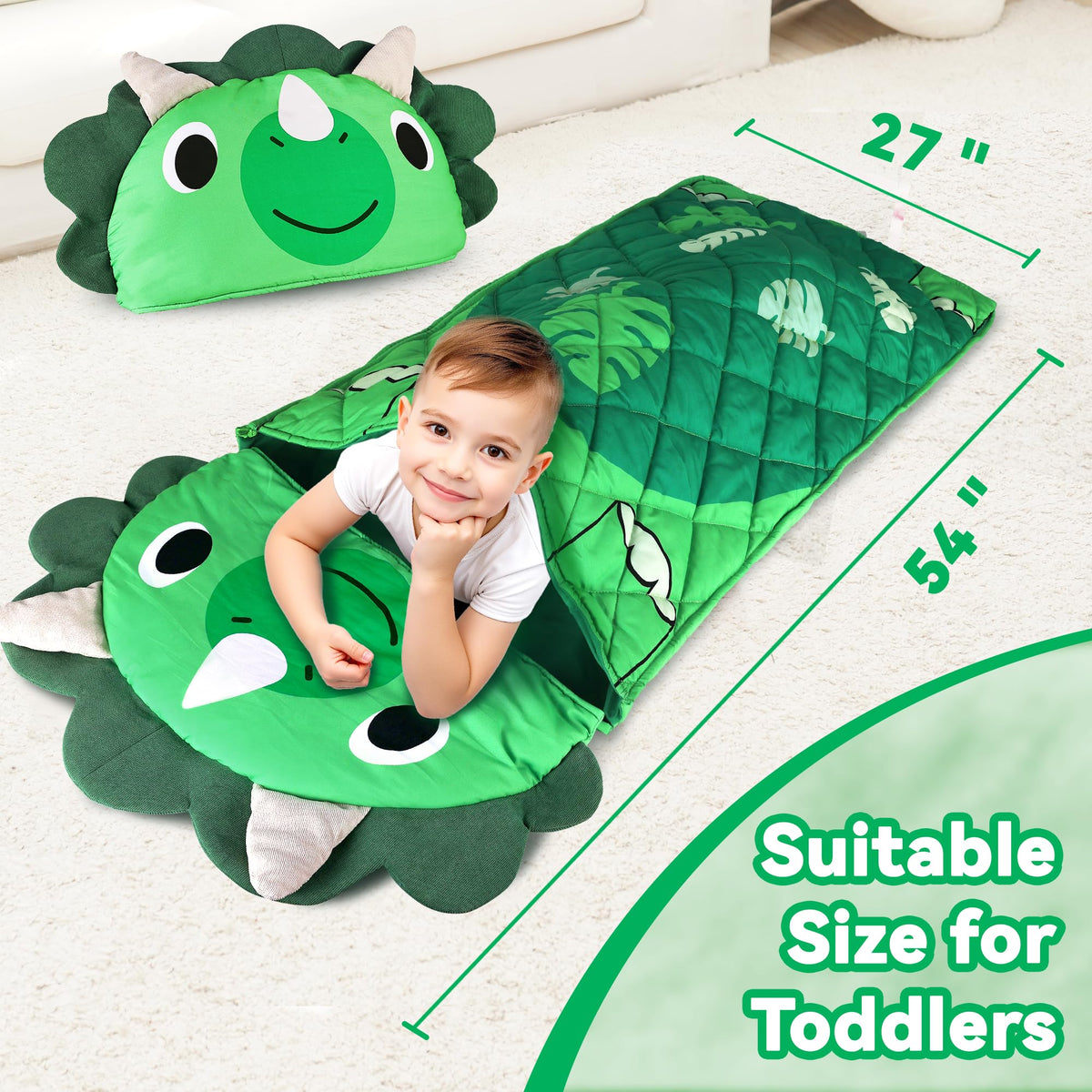 iPlay iLearn green dinos nap mat in use for a sleepover