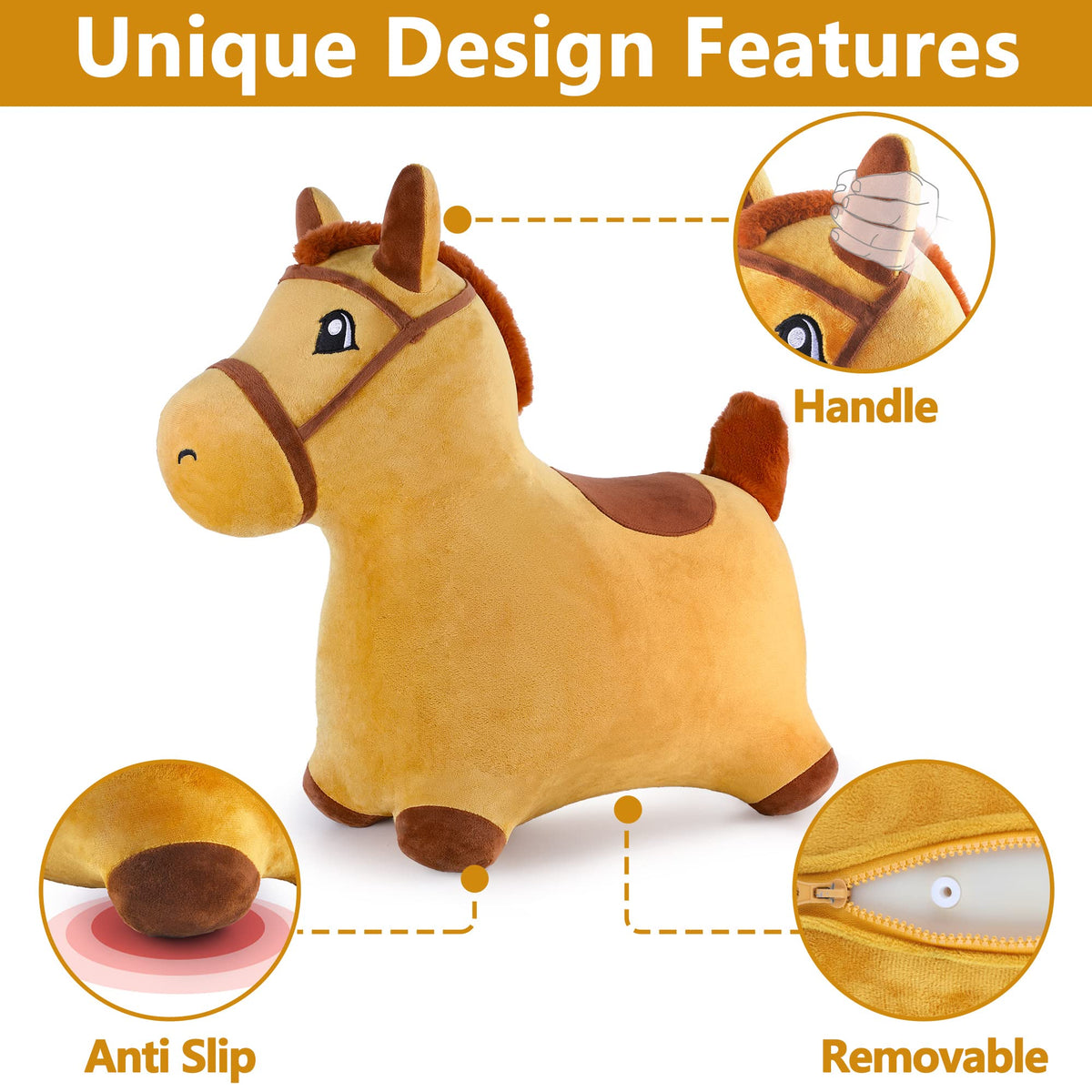 iPlay iLearn hopping horse removable plush cover detail for easy cleaning.