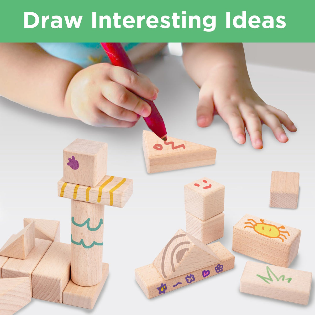 iPlay iLearn wooden blocks encourage cooperative play and creative storytelling.