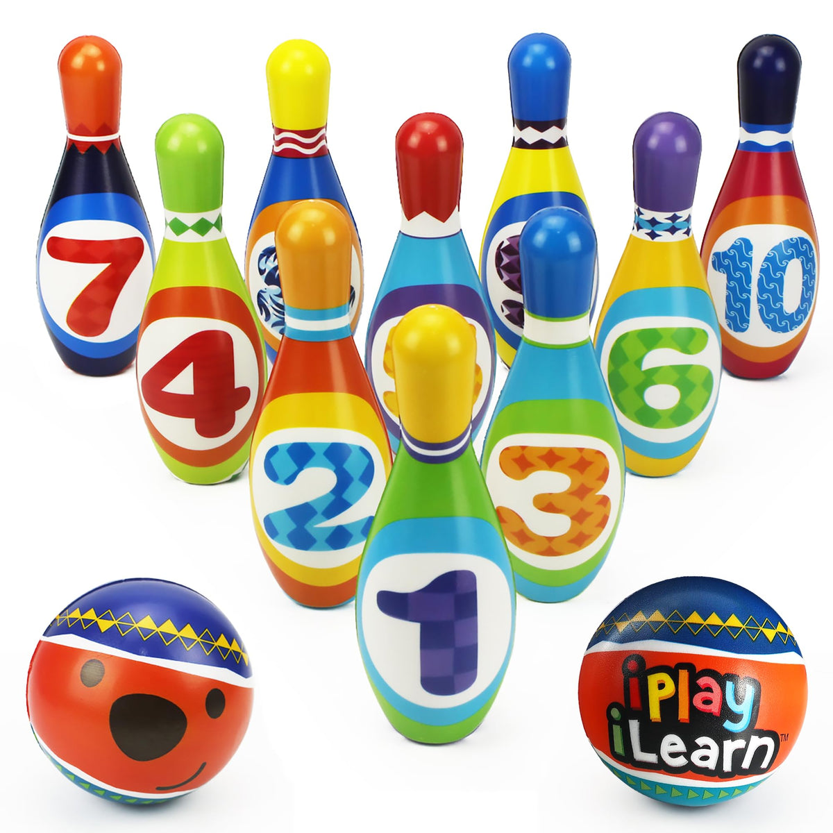 iPlay iLearn kids bowling set with soft pins promotes safe toddler play.