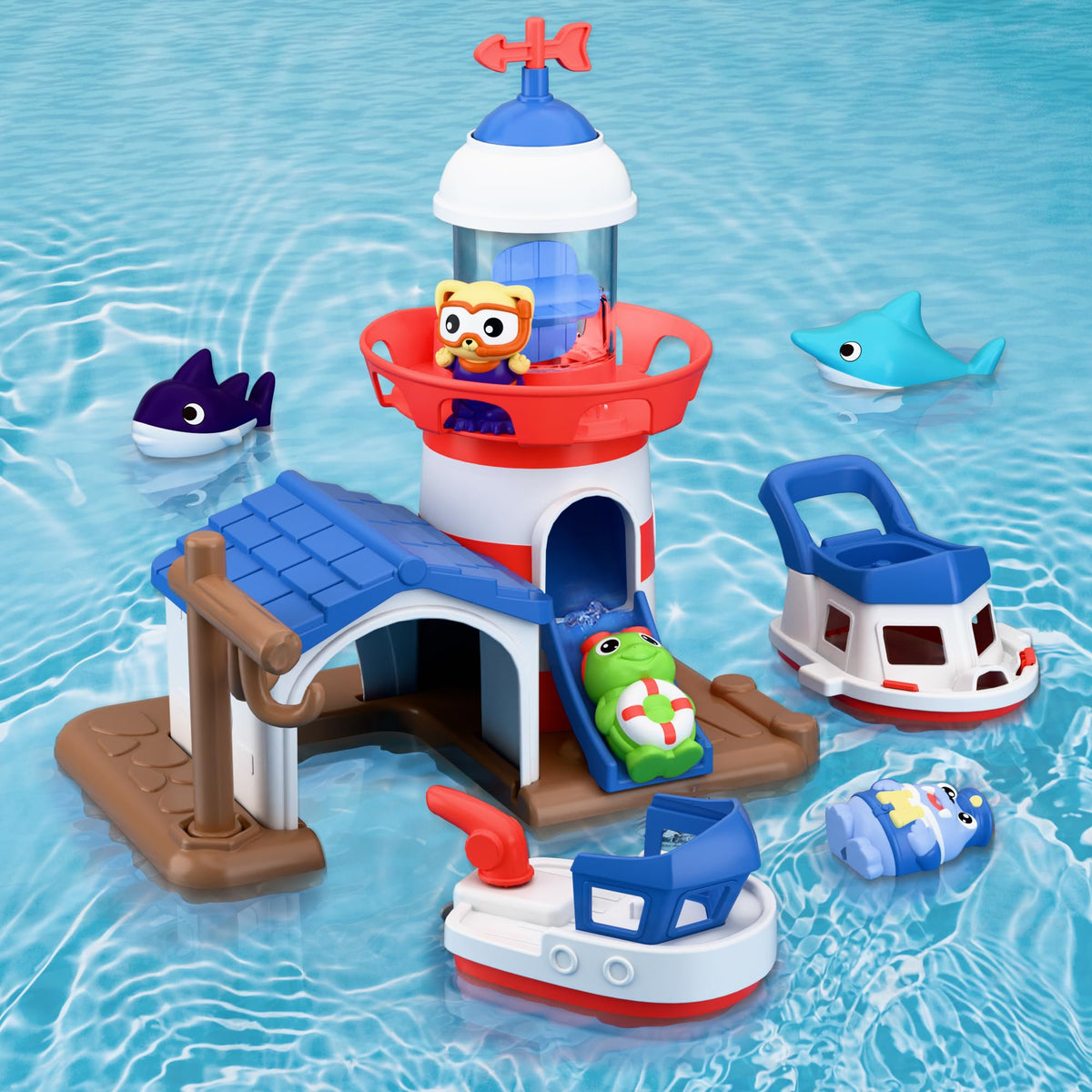 iplay ilearn lighthouse bath toy base snaps on securely for mess-free play.