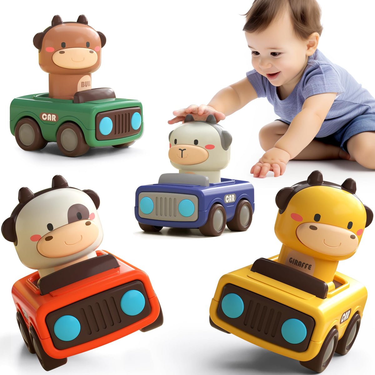 iPlay iLearn press-to-go car front view with bright colors supports early sensory exploration.