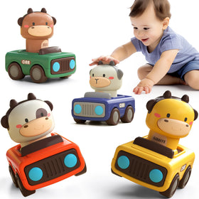 iPlay iLearn press-to-go car front view with bright colors supports early sensory exploration.