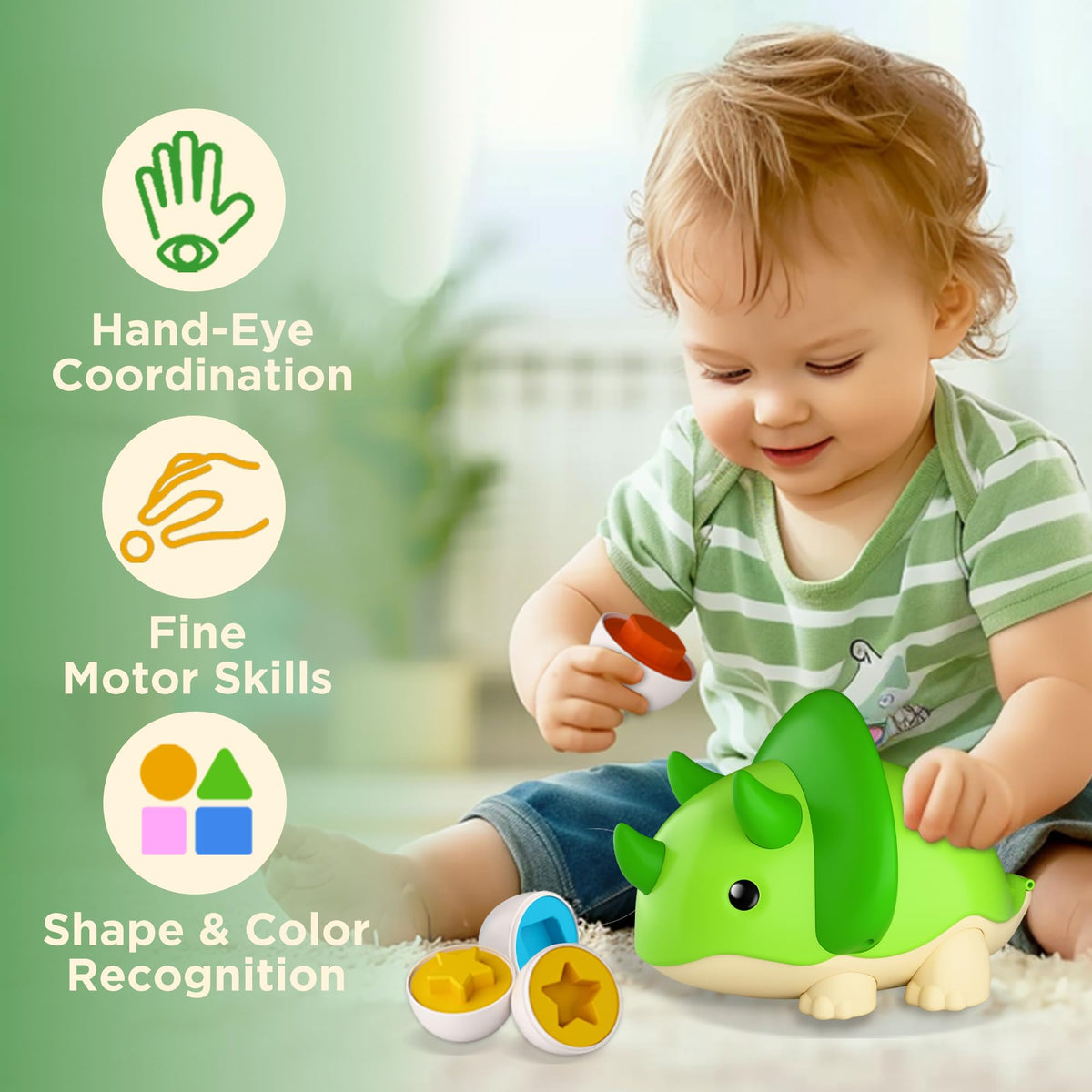 iPlay iLearn toddler holding eggs, supports independent handling and fine motor practice