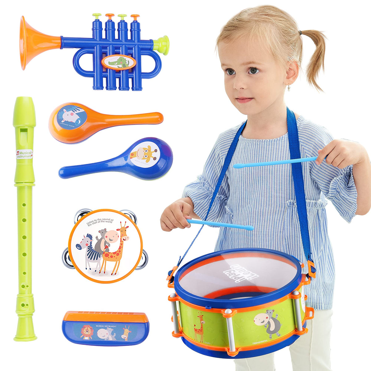 iPlay iLearn toddler drum with sticks promotes early rhythm and motor play.