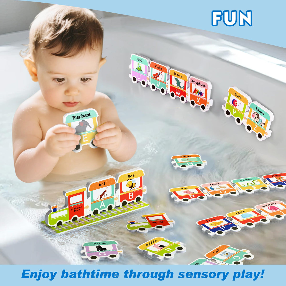 iPlay iLearn track base boards help form alphabet locomotives during bath time