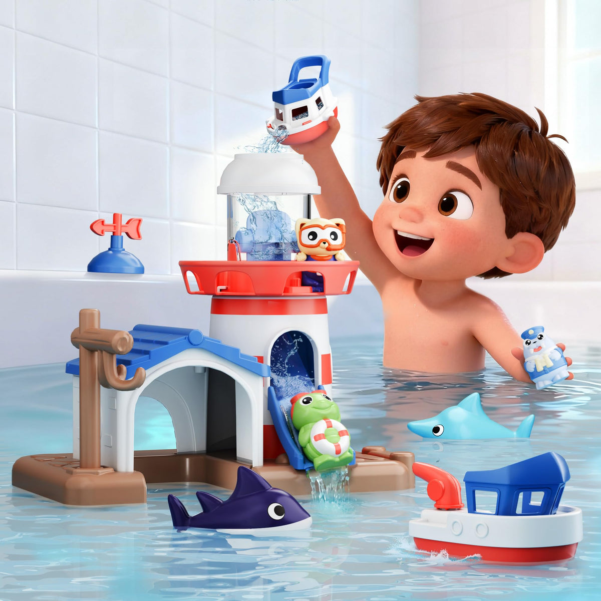 iplay ilearn wind-up boat enhances tactile play during bath time.