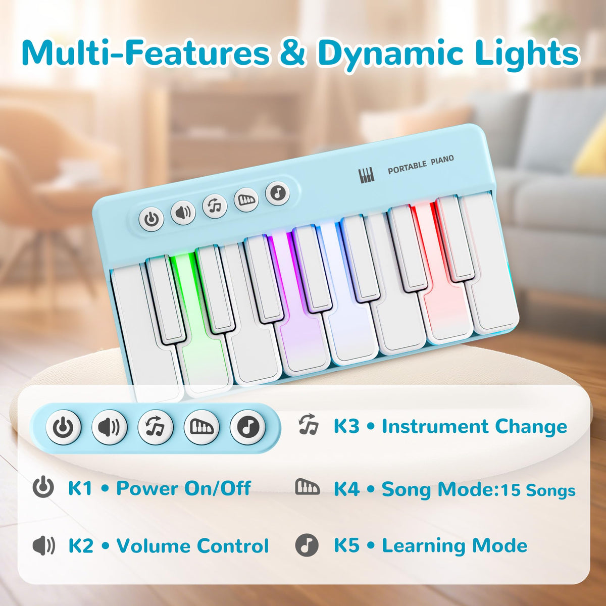 iPlay iLearn compact mini piano design fits tiny hands and backpacks.
