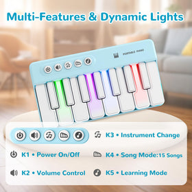 iPlay iLearn compact mini piano design fits tiny hands and backpacks.