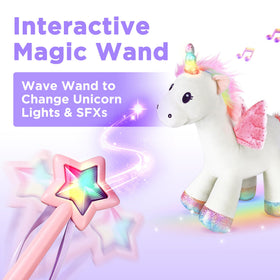 iplay plush magic unicorn LED lights create a sparkling glow for bedtime stories