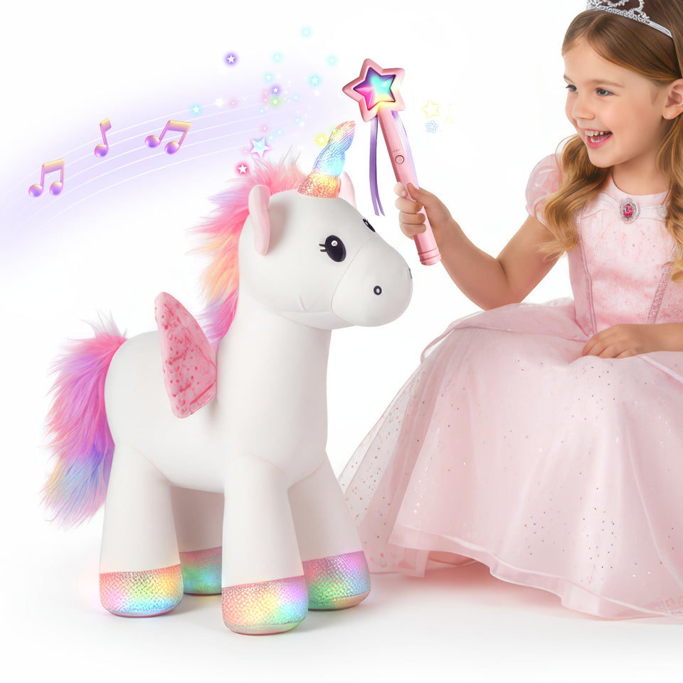 iplay plush magic unicorn wand: interactive wand triggers lights and music for imaginative play