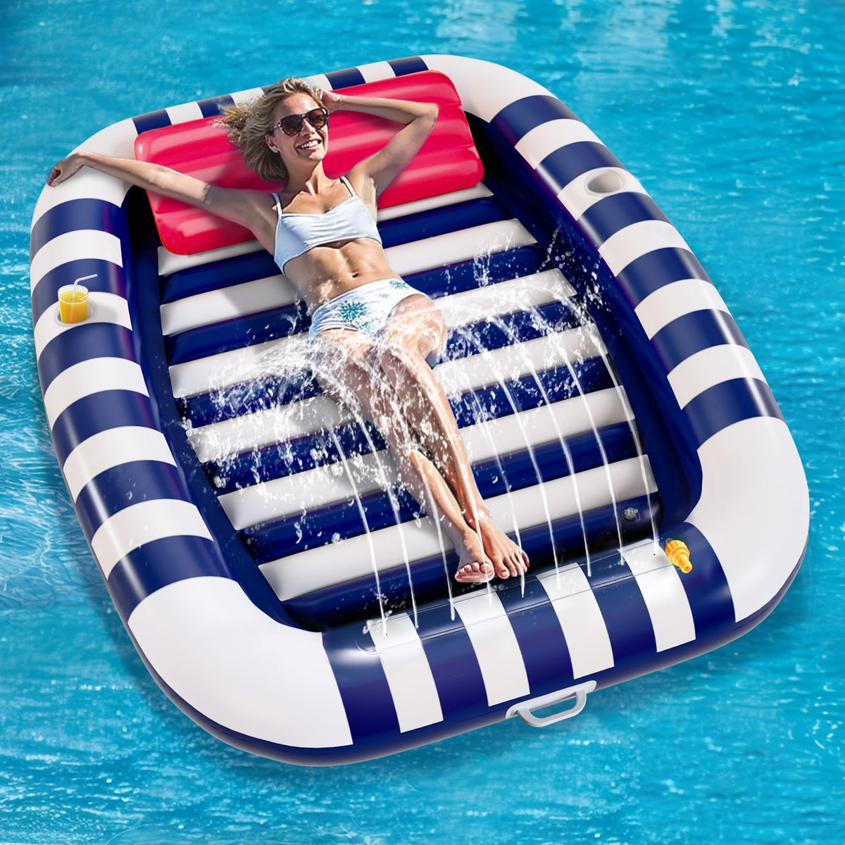 iPlay Pool Wave Lounger with Water Sprinkler, cools and invites social lounging outdoors.