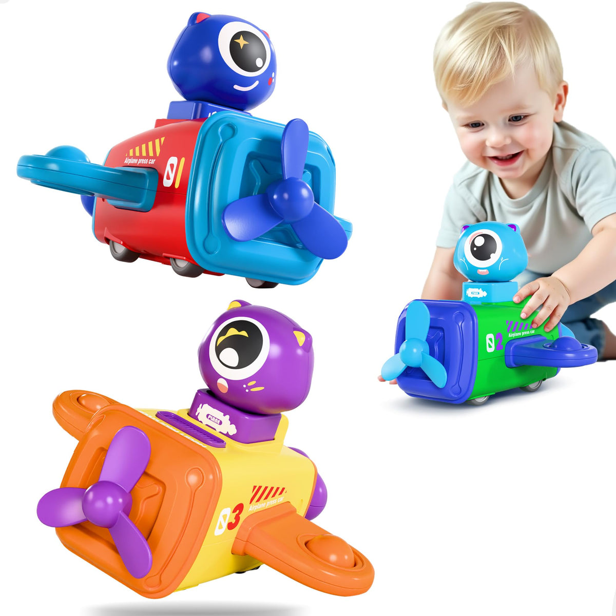 iPlay Press to Go airplane car toy front view shows safe, battery-free play for toddlers.